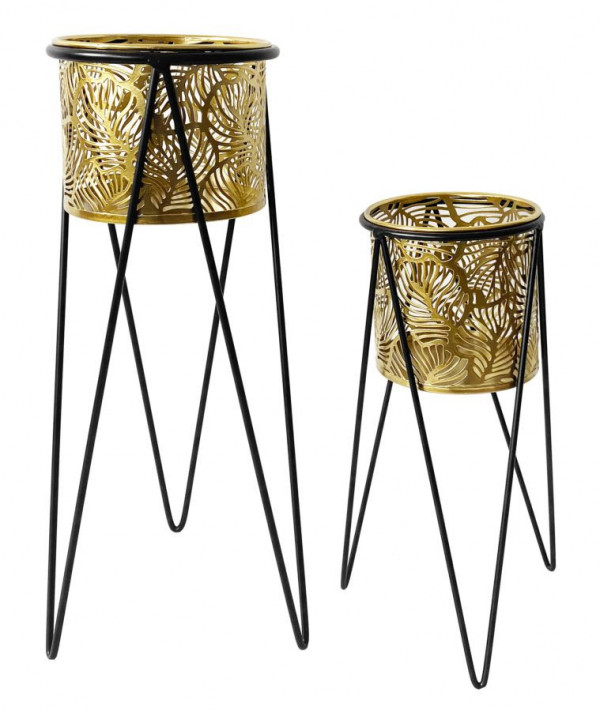 Set 2 suporturi pentru ghivece, auriu / negru, metal, 21 x 20 x 46 cm / 18 x 18 x 32 cm, Drak Mauro Ferreti