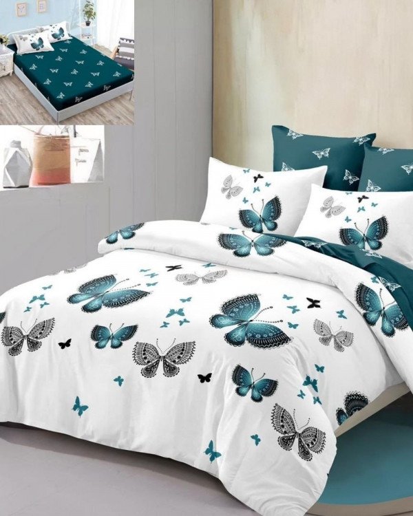 Set Cearceaf de Pat cu Elastic, Bumbac Tip Finet, 6 Piese, Pat 2 Persoane, Alb / Turquoise, FNE-74
