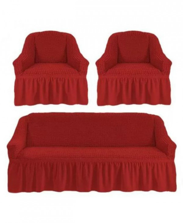 Set huse elastice si creponate pentru canapea 3 locuri si 2 fotolii, cu volane, rosu, HC-01-CZ
