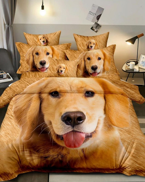 Set Lenjerie de Pat cu 2 Fete, Bumbac Tip Finet, 6 Piese, Pat 2 Persoane, Golden Retriever, A2-30