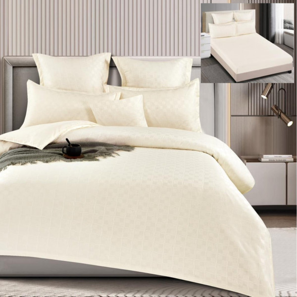 Set lenjerie de pat cu elastic, model embosat, bumbac tip finet, uni, 6 piese, pat 2 persoane, crem, T4-01
