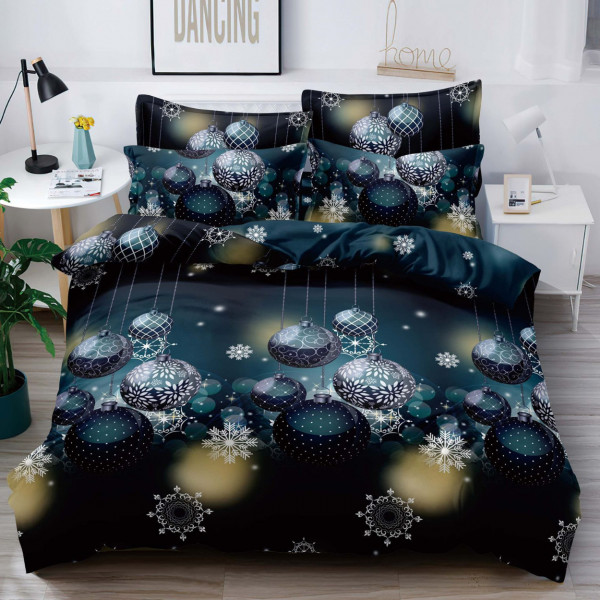 Set lenjerie de pat Mos Crăciun cu elastic, bumbac tip finet, 6 piese, pat 2 persoane, albastru marin, FNJEC-31