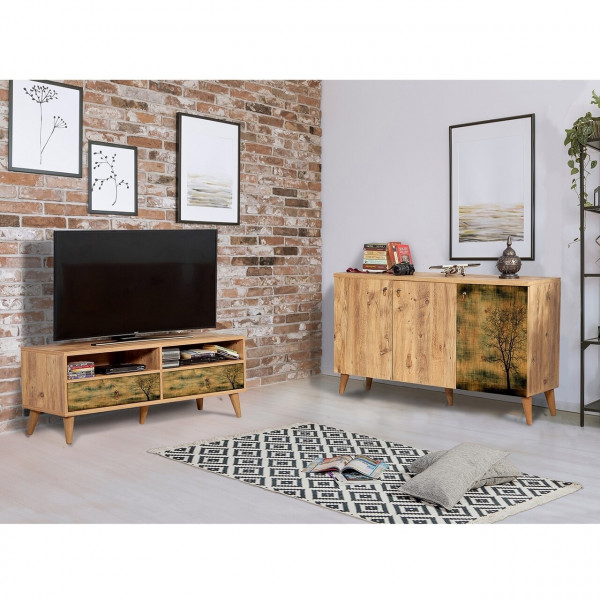 Set mobilier living 2 piese, comoda si comoda TV, Motto 2-729, Vella, atlantic pine - Img 1
