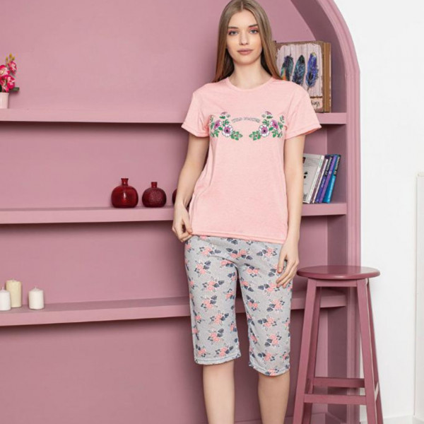 Set pijama dama, pantalon 3 sferturi si bluza cu maneca scurta, bumbac, roz, PF-255 - Img 1