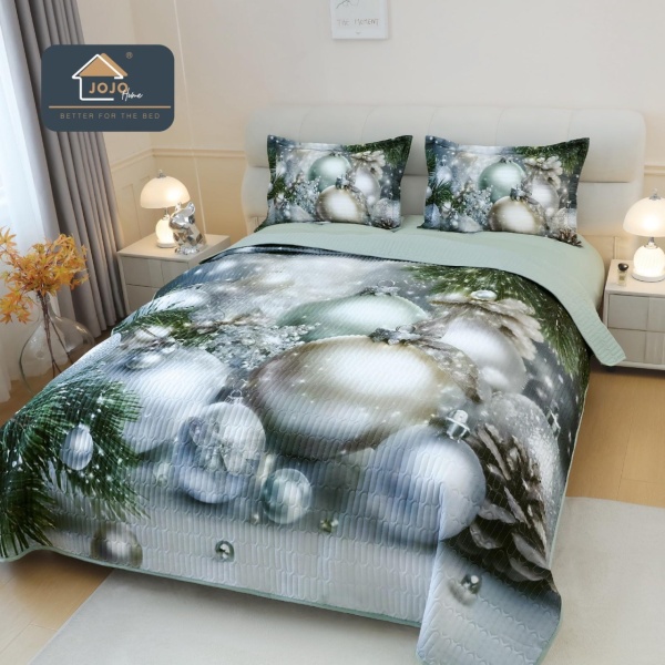 Cuvertură de Pat Matlasată 5D Crăciun Silver Ornaments | 3 Piese | Finet Catifelat | PatulMeu