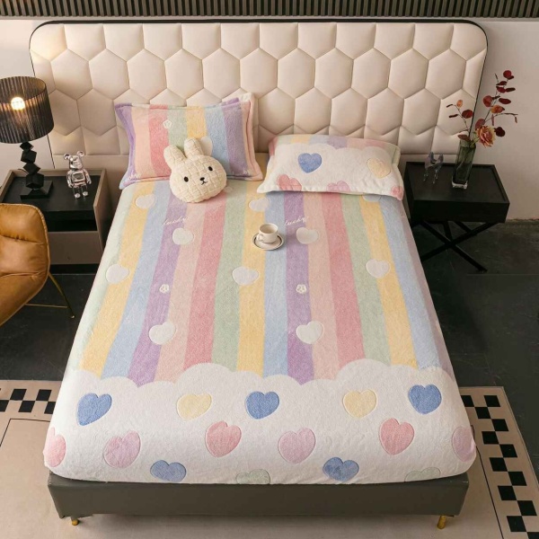 Husa de pat Cocolino cu elastic si 2 fete de perna, pat 2 persoane, roz / alb, HCJ-89