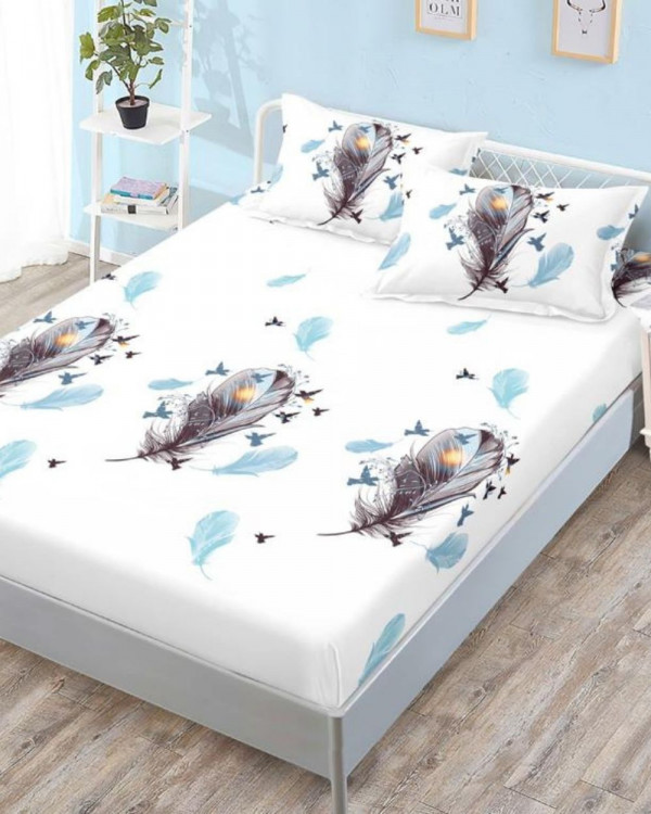 Husa de Pat cu Elastic + 2 Fete de Perna pentru Pat Dublu, Finet, Gray and Blue Feathers, HBFJ-103