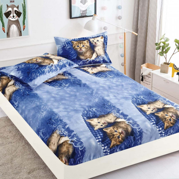 Husa de pat cu elastic si 2 fete de perna, bumbac tip finet, pat 2 persoane, albastru, HBF-169