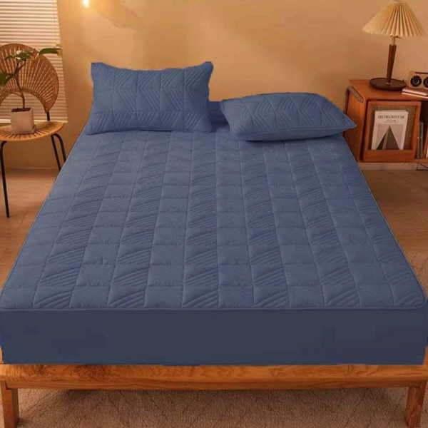 Husa de pat cu elastic si 2 fete de perna, policoton, pat 2 persoane, albastru, HPEC-03 - Img 1