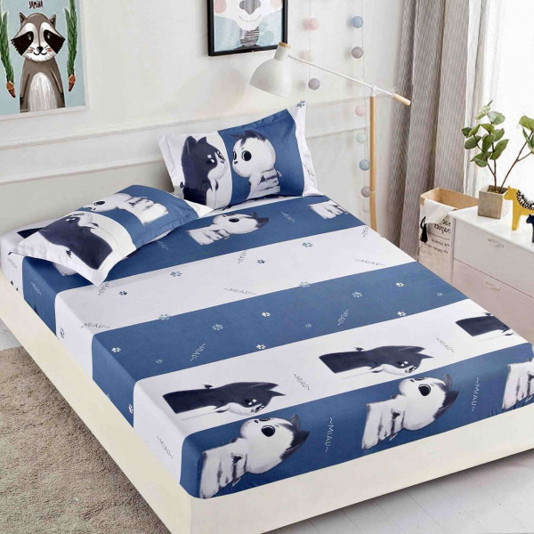 Husa de pat cu elastic si 2 fete de perna, tesatura tip finet, pat 2 persoane, alb / albastru, HBF-252