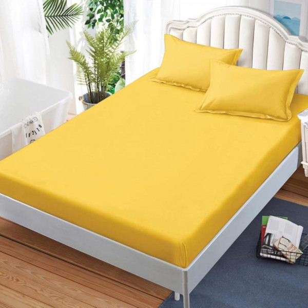 Husa de pat cu elastic si 2 fete de perna, tesatura tip finet, uni, pat 2 persoane, galben, HBFJ-137