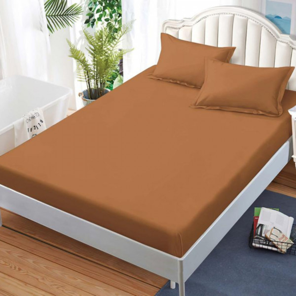 Husa de pat cu elastic si 2 fete de perna, tesatura tip finet, uni, pat 2 persoane, maro, HBFJ-156 - Img 1