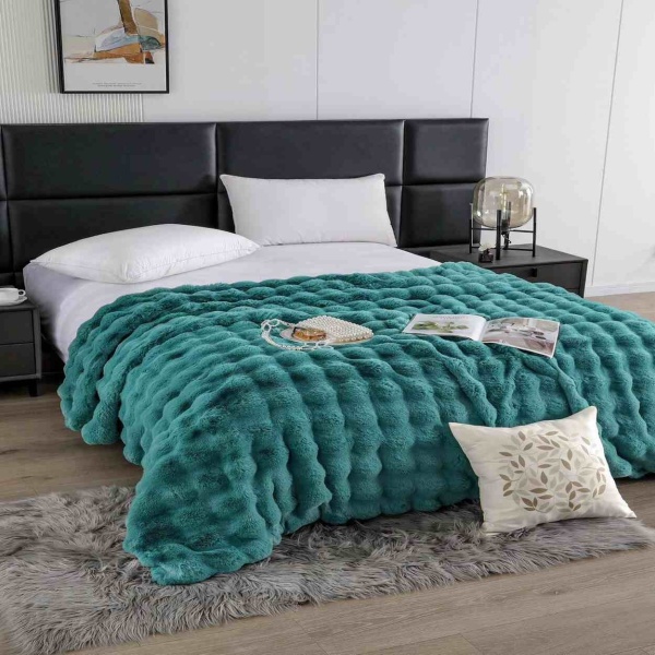 Jo-Jo Home, Patura premium din blanita artificiala de iepure, 200x230 cm, turquoise, cu fermoar, PBIF-08