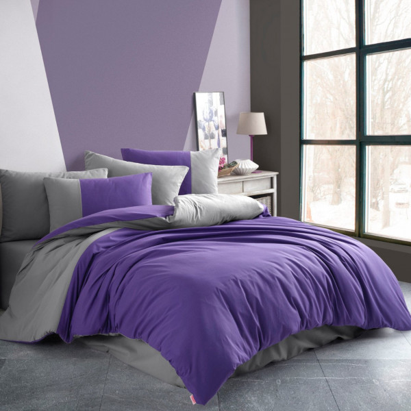 Lenjerie de pat, 100% bumbac, tesatura poplin, pat 2 persoane, 6 piese, gri / violet, Diamond Uni, HBP-97 - Img 2