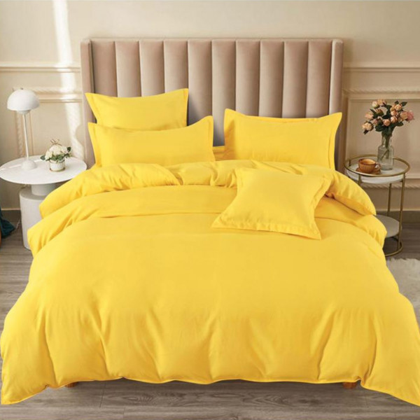 Lenjerie de pat, bumbac finet, cu elastic, uni, pat 2 persoane, galben, 6 piese, FNE-169