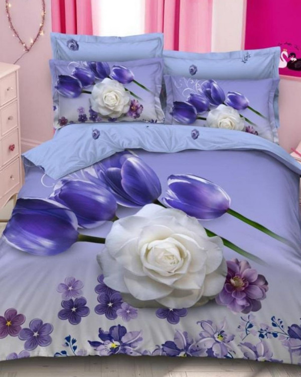 Lenjerie de pat cu 2 fete, bumbac finet, pat 2 persoane, crem / violet, 6 piese, A2-37