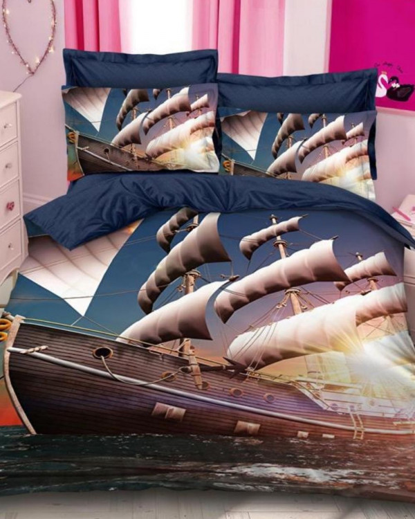 Lenjerie de pat cu 2 fete, imprimeu 3D, tesatura tip finet, pat 2 persoane, albastru, 6 piese, A2-23