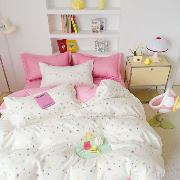 Lenjerie de pat cu 2 fete, tesatura tip finet, pat 2 persoane, 6 piese, alb / roz, R60-518