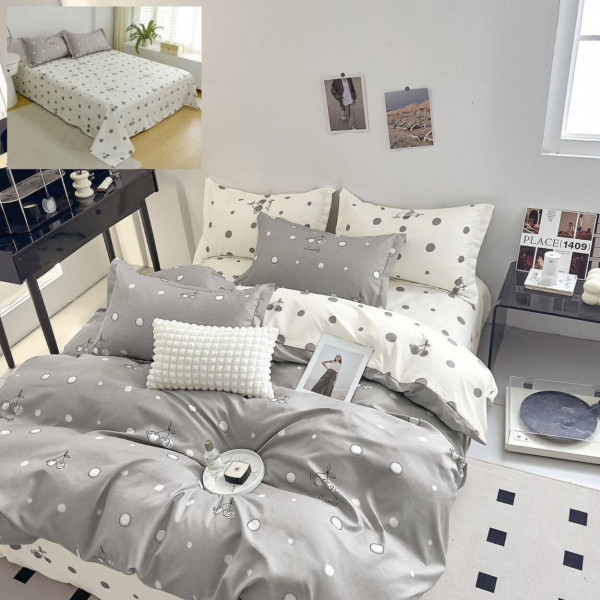 Lenjerie de pat cu 2 fete, tesatura tip finet, pat 2 persoane, 6 piese, alb / gri, R60-535