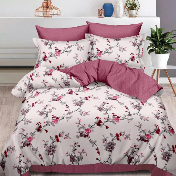 Lenjerie de pat cu 2 fete, tesatura tip finet, pat 2 persoane, alb / roz, 6 piese, R60-493