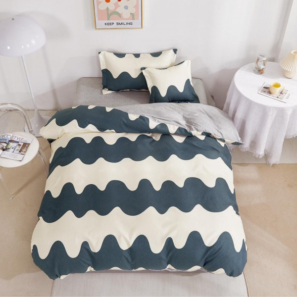 Lenjerie de pat cu elastic, bumbac tip finet, pat 1 persoana, 4 piese, crem / bleumarin, T60-82
