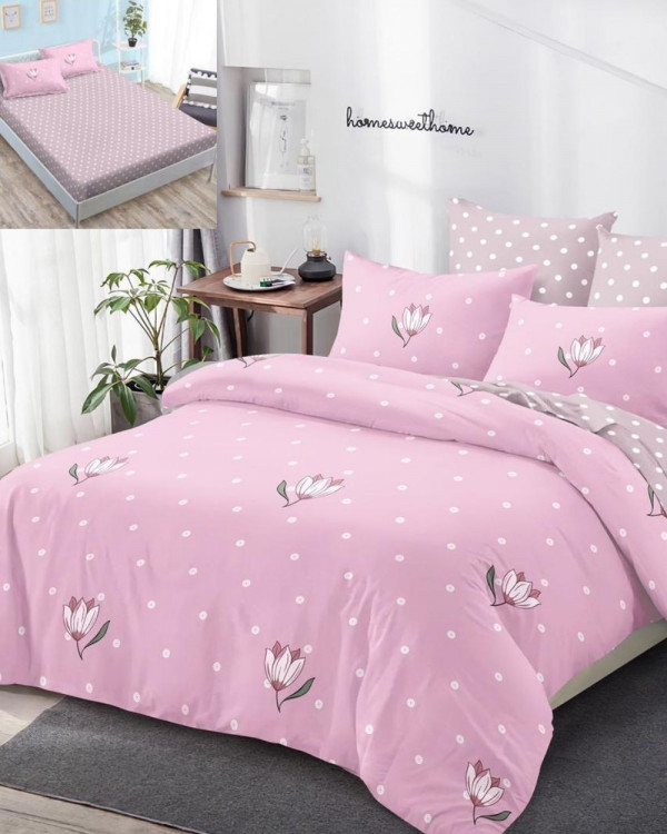 Lenjerie de pat cu elastic, bumbac tip finet, pat 2 persoane, roz, 6 piese, FNE-72