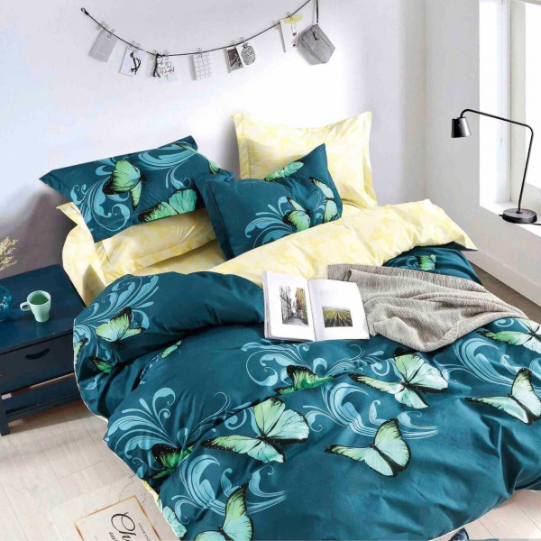 Lenjerie de pat cu elastic, tesatura tip finet, pat 2 persoane, 6 piese, verde smarald, FNJE-137