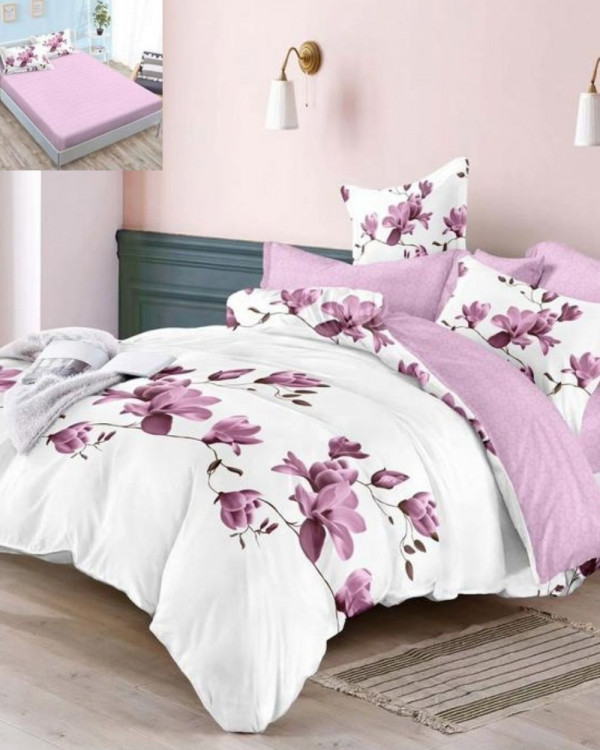 Lenjerie de pat cu elastic, tesatura tip finet, pat 2 persoane, alb / roz, 6 piese, FNE-64