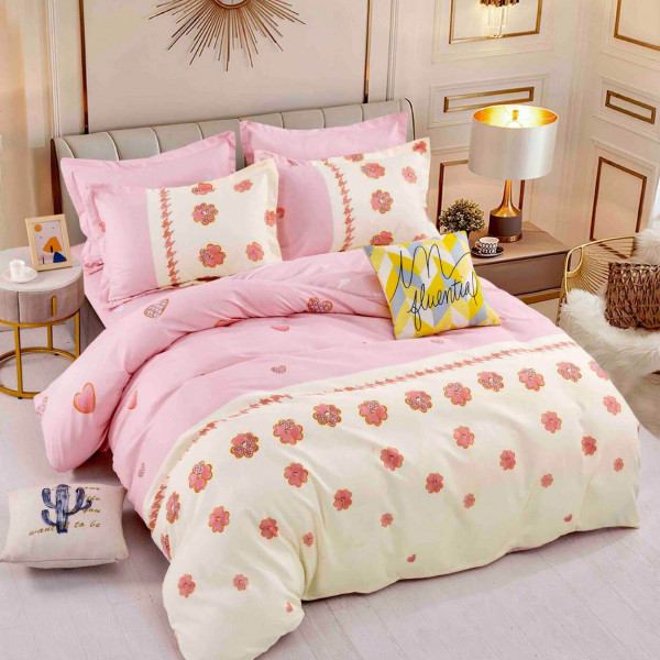 Lenjerie de pat cu elastic, tesatura tip finet, pat 2 persoane, roz, 6 piese, FNJE-127