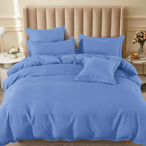 Lenjerie de pat cu elastic, tesatura tip finet, uni, pat 2 persoane, albastru, 6 piese, FNE-188 - Img 1