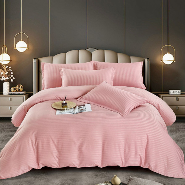 Lenjerie de pat dublu, cu elastic, damasc, roz pal, 6 piese, DME-07