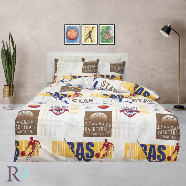 Lenjerie de pat pentru copii, 100% bumbac, tesatura satin, alb / maro, Roxyma Dream Basketball
