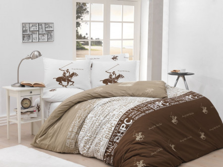 Lenjerie de pat pentru o persoana, Cappuccino, Beverly Hills Polo Club, 3 piese, 160 x 240 cm, 100% bumbac ranforce, maro/crem/alb
