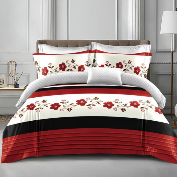 Lenjerie de pat policoton cu elastic dubla, rosu / alb, 4 piese, E-50