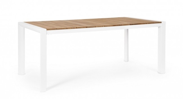 Masa din aluminiu cu blat din lemn de teak, 180x90cm, alba, Cameron, Bizzotto - Img 1