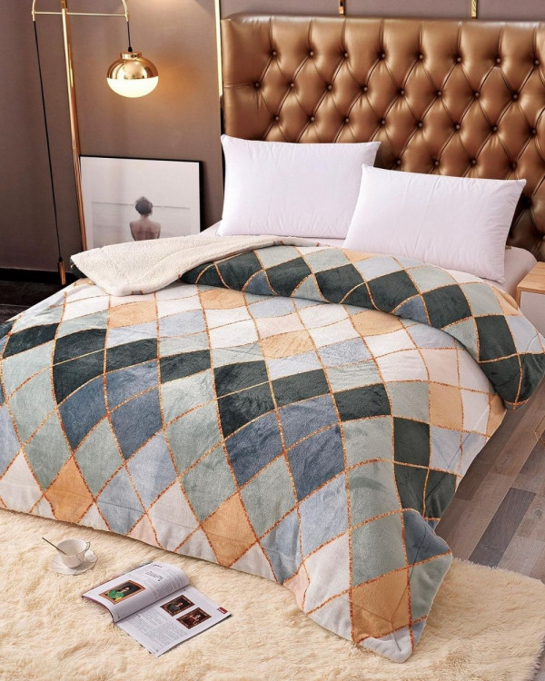 Patura Cocolino Dublă cu Blăniță, Pat 2 Persoane, Romburi Colorate, PDBJ-49