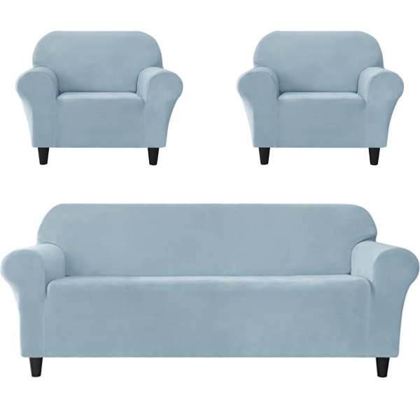 Set huse elastice din catifea pentru canapea 3 locuri + 2 fotolii, cu brate, bleu, HCCJS-10