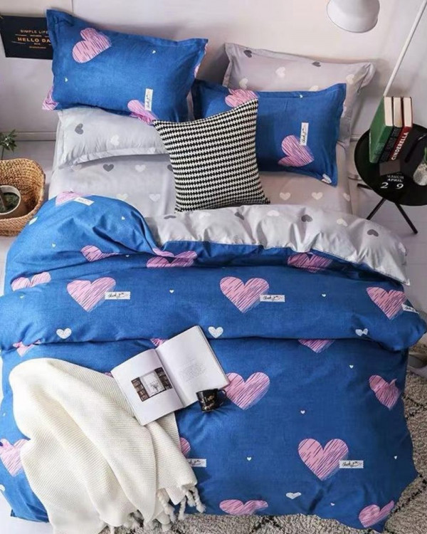 Set Lenjerie de Pat Bumbac Satinat, 4 Piese, Pat 1 Persoana, Inimi Roz