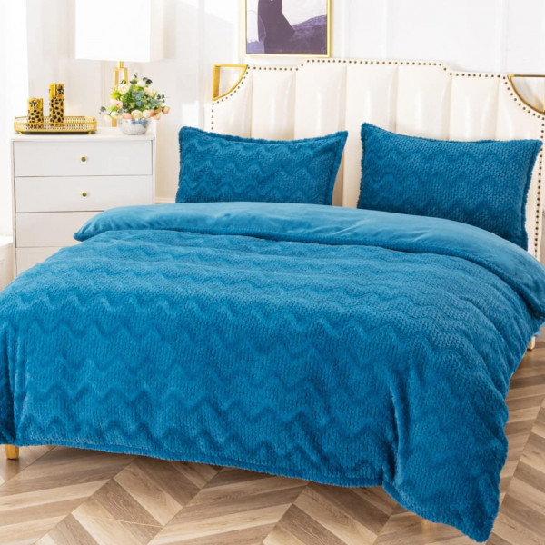 Set lenjerie de pat cocolino pufoasa, model valuri, 4 piese, pat 2 persoane, albastru, LCP-60