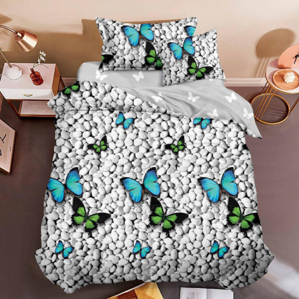 Set Lenjerie de Pat cu Elastic, Bumbac Tip Finet, 4 Piese, Pat 1 Persoana, Gri / Turquoise, FJ1E-38