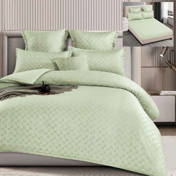 Set lenjerie de pat cu elastic, model embosat, tesatura tip finet, 6 piese, pat 2 persoane, verde fistic, T4-11 - Img 1