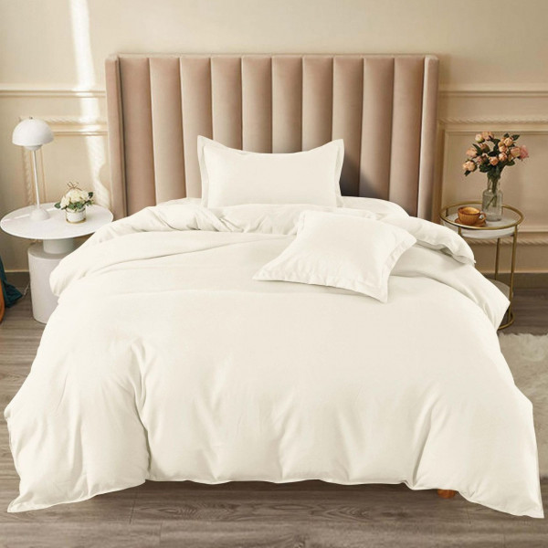 Set Lenjerie de Pat cu Elastic, Uni, Bumbac Tip Finet, 4 Piese, Pat 1 Persoana, Crem, FJ1-91