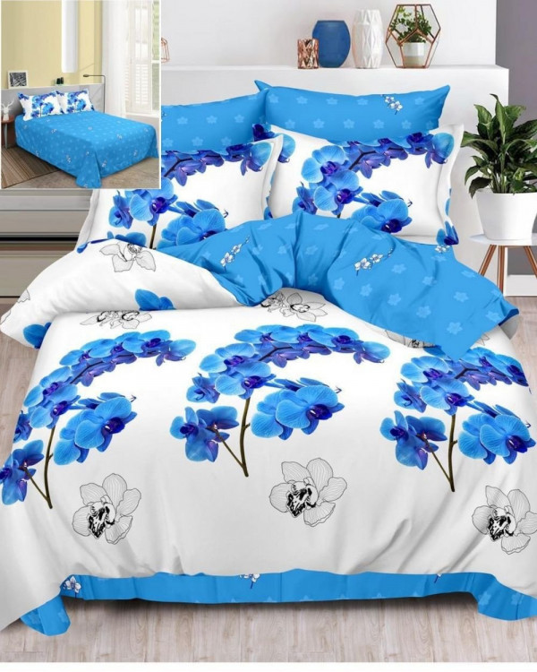 Set Lenjerie de Pat din Finet, 6 Piese, Pat 2 Persoane, Blue Flowers, FN-515