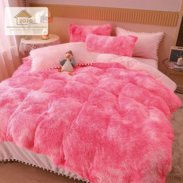 Set Lenjerie de Pat Dublu, Fluffy 2 Tonuri, 6 Piese, Roz, LLJ-22