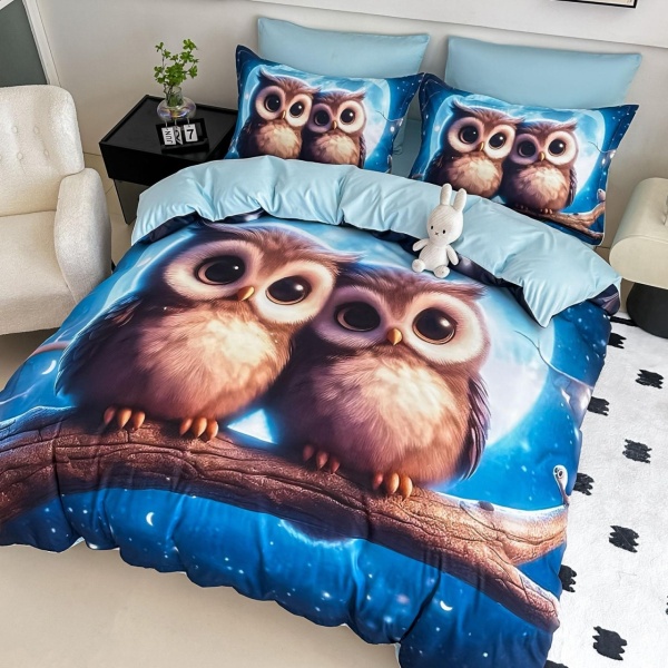 🦉 Lenjerie de Pat 6 Piese Albastru | Bufnițe pe Ramură | Imprimeu Digital 5D | Finet | Jojo Home