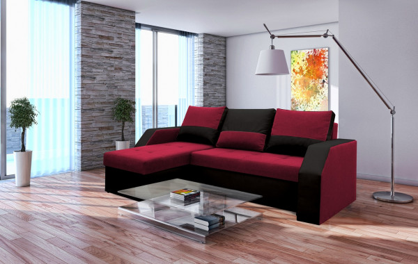 Coltar extensibil Madrid, 226x145x79 cm, 2 lazi depozitare, Reversibil, Rosu/Negru - Img 1