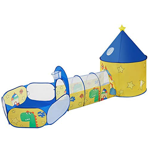 Cort de joaca cu tunel si piscina, textil, albastru / galben, Songmics