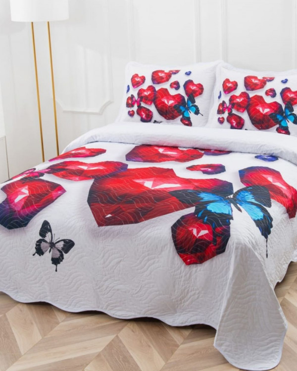 Cuvertura de pat cu 2 fete, pat 2 persoane, 3 piese, tesatura tip finet, alb / rosu, CVP3-16