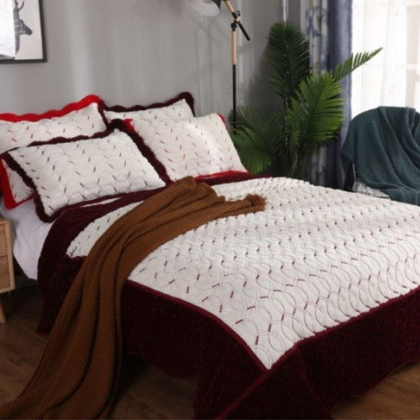 Cuvertura de pat de lux din catifea + 2 fete de perna, pat 2 persoane, alb / bordo, CCL-09