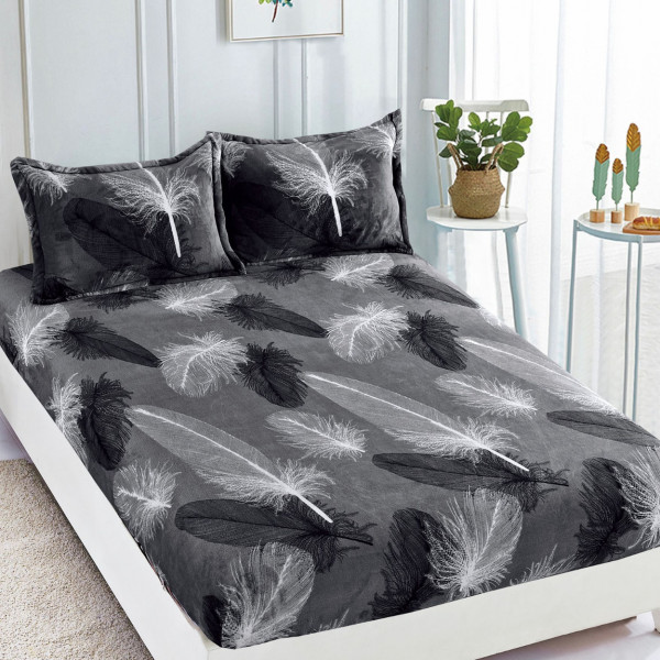 Husa de pat Cocolino cu elastic si 2 fete de perna, pat 2 persoane, gri / negru, HCJ-62